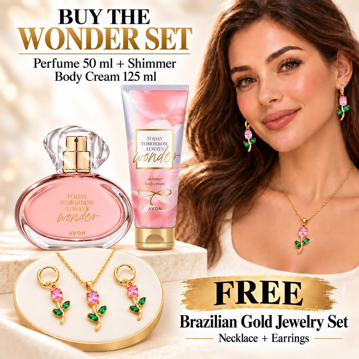 Avon TTA Wonder Perfume 50ml & Body Cream Set + Free Jewelry - Timavie
