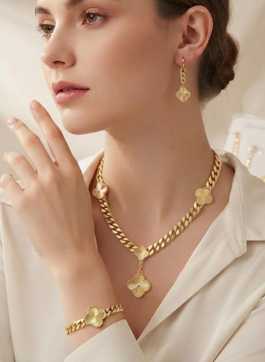 Brazilian Gold Clover Stainless Steel Jewelry Set – Necklace, Bracelet & Earrings