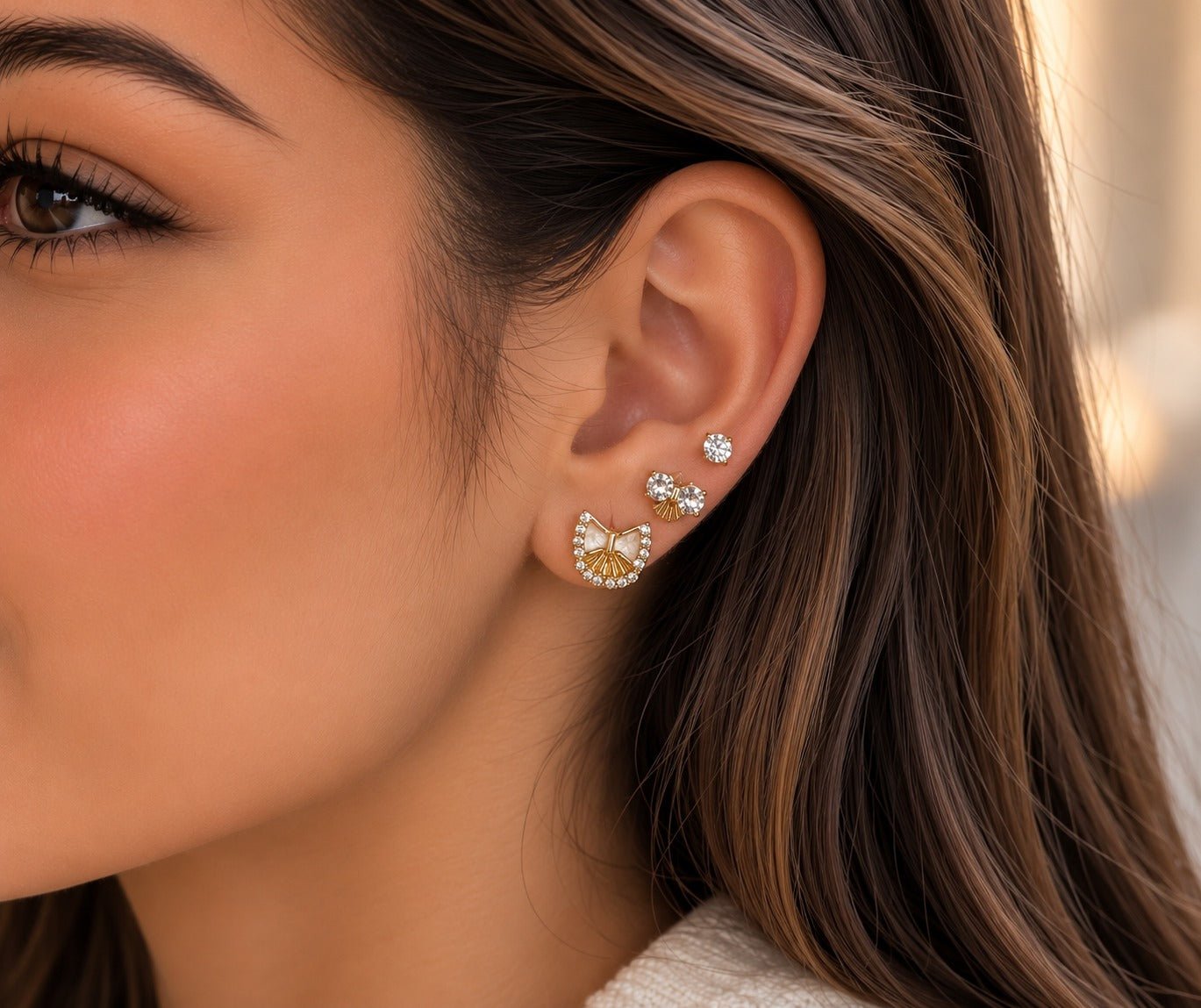 Gold Crystal Pavé Butterfly & Pearl Drop Earring – Dangle Stud - Timavie
