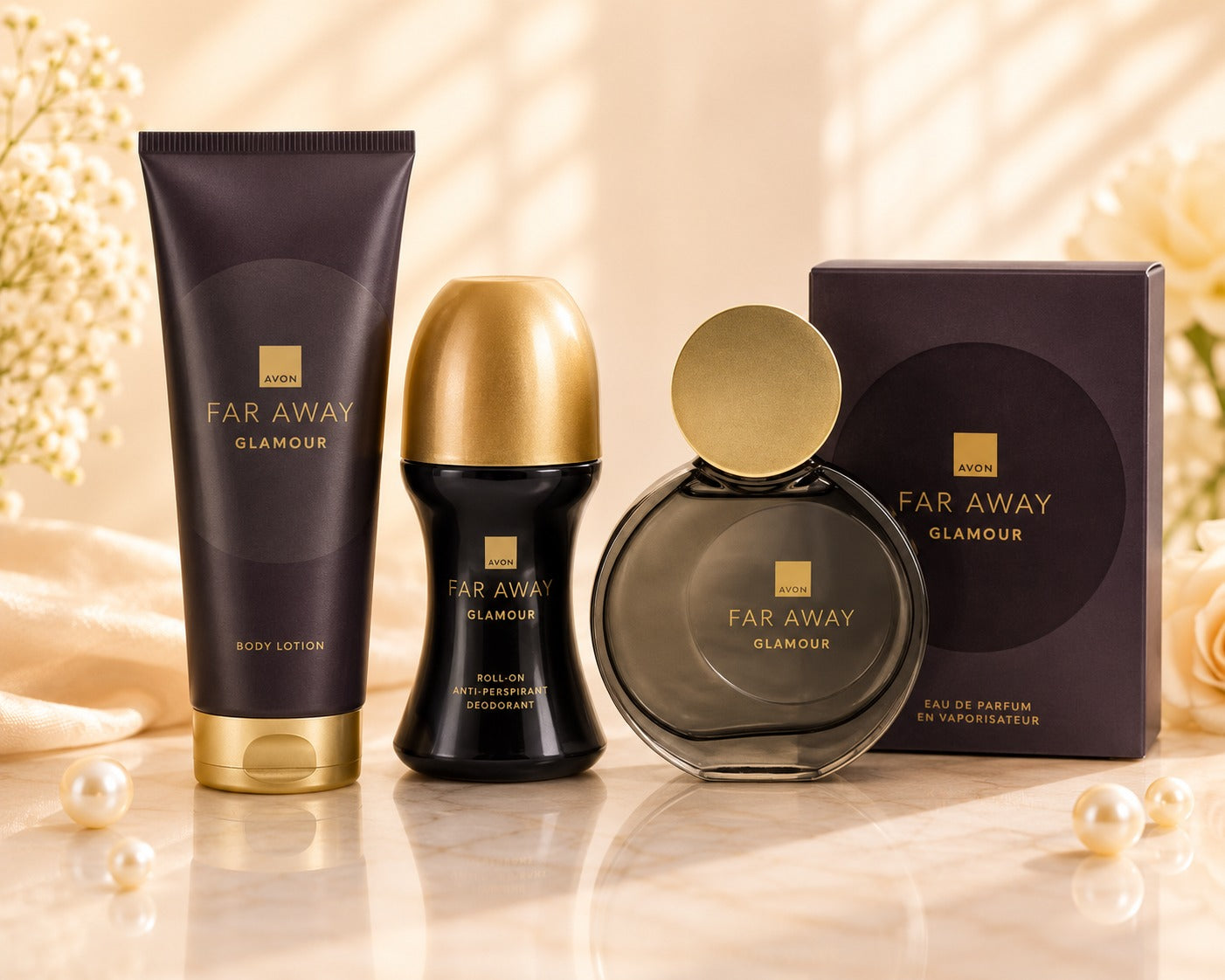 Avon Far Away Glamour Eau de Parfum smoky bottle, Body Lotion and Roll-On Deodorant Gift Set in deep plum and gold packaging