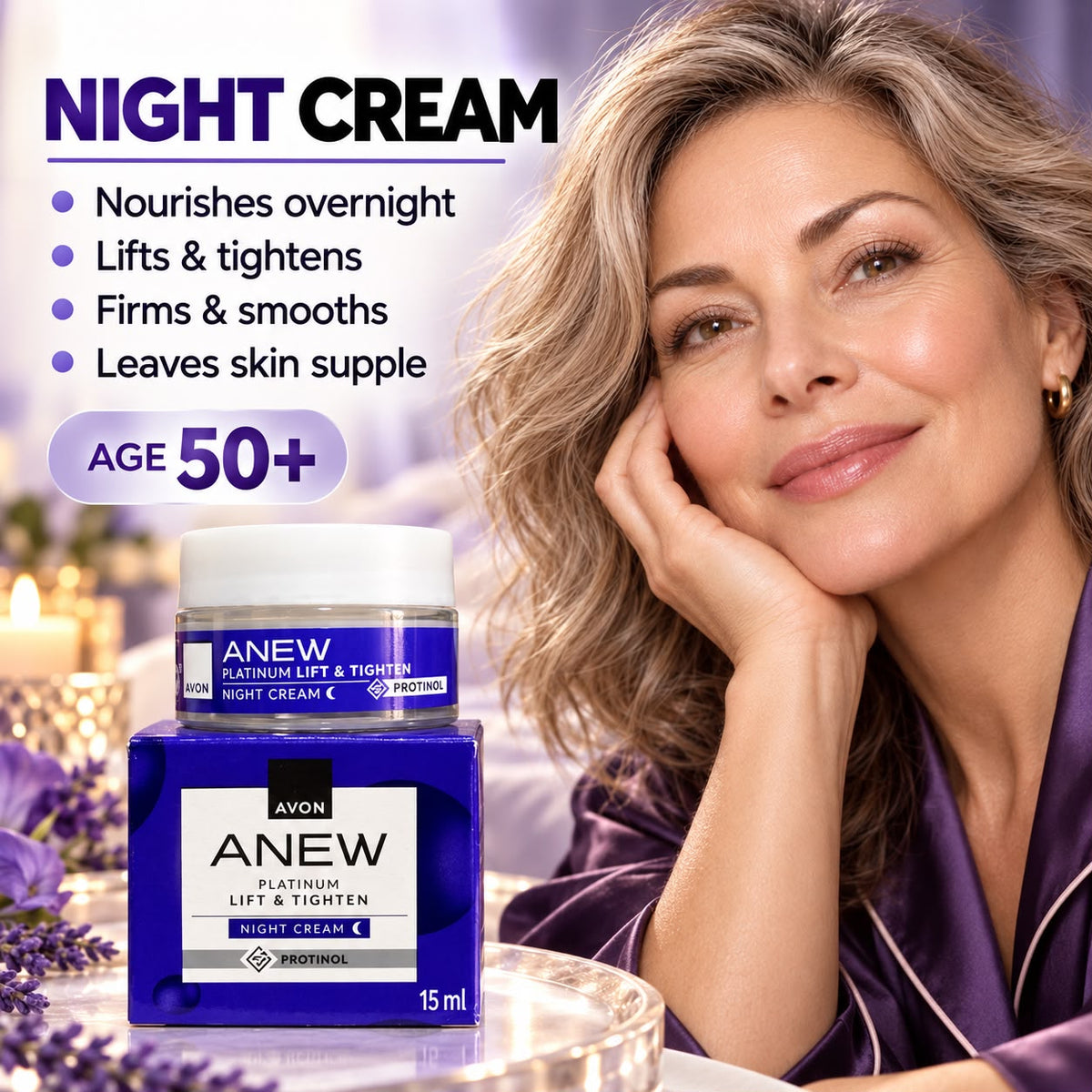 Avon Anew Platinum Lift & Tighten night cream, age 50+, with illustrated benefits
