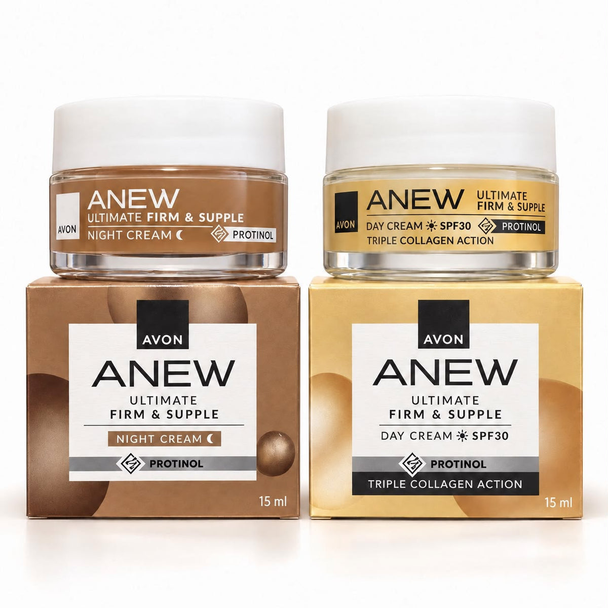 Avon Anew Ultimate Firm & Supple day cream SPF 30 and night cream, two 15 ml jars with boxes