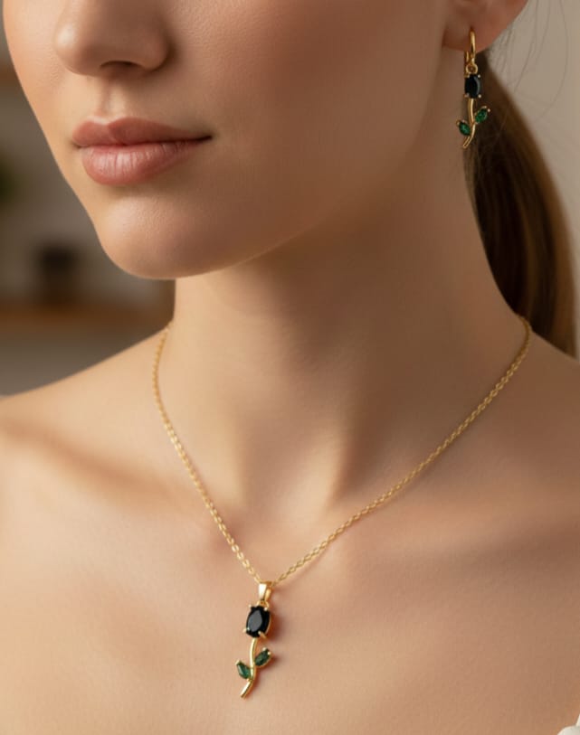 Rose Flower Necklace and Earrings Set - Timavie