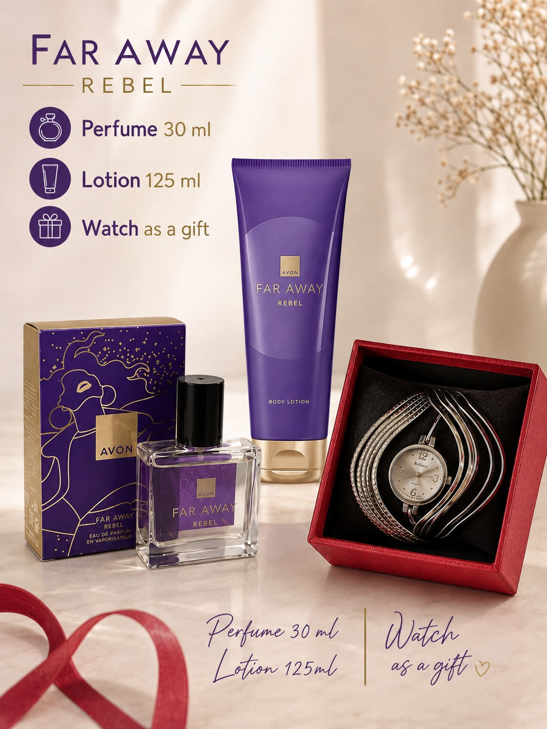 Avon Far Away Rebel Set – EDP 30ml + Body Lotion 125ml + Free Beiucci Swiss Watch