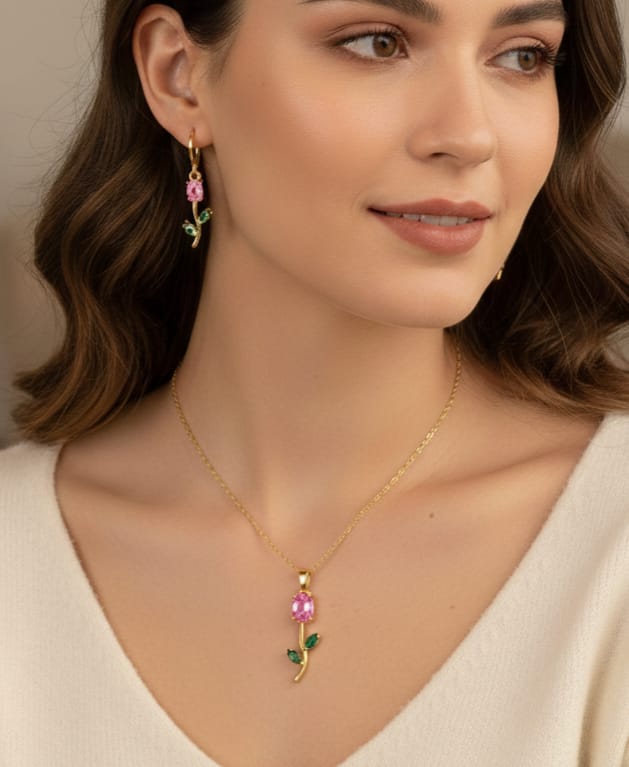 Rose Flower Necklace and Earrings Set - Timavie