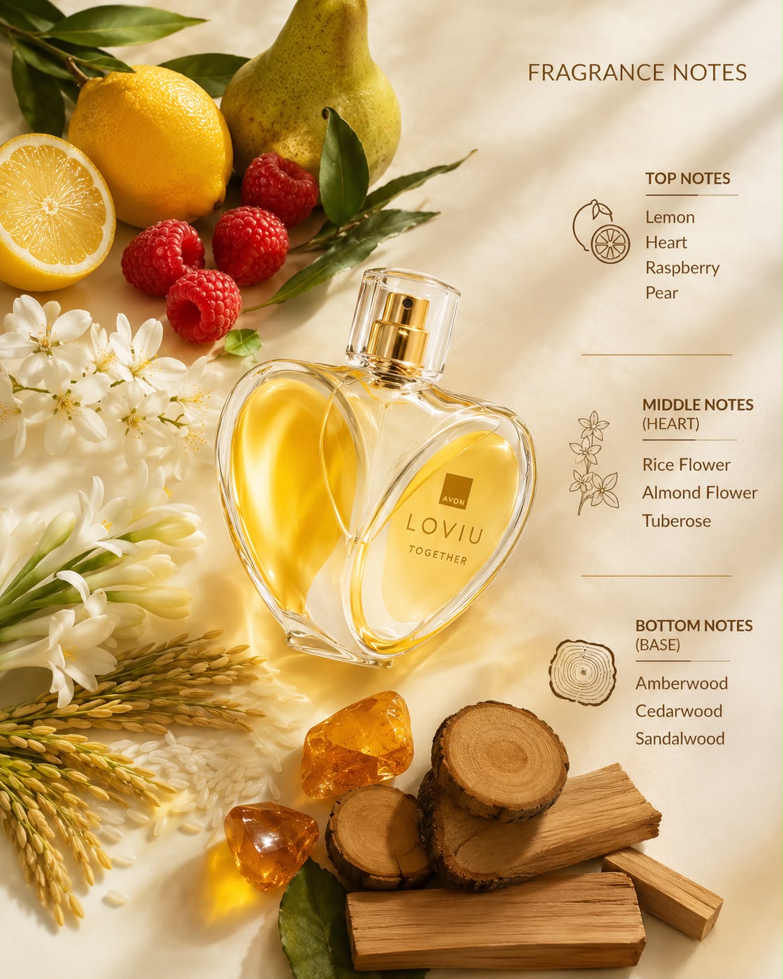 Avon Loviu Together fragrance notes - lemon, raspberry, tuberose, sandalwood