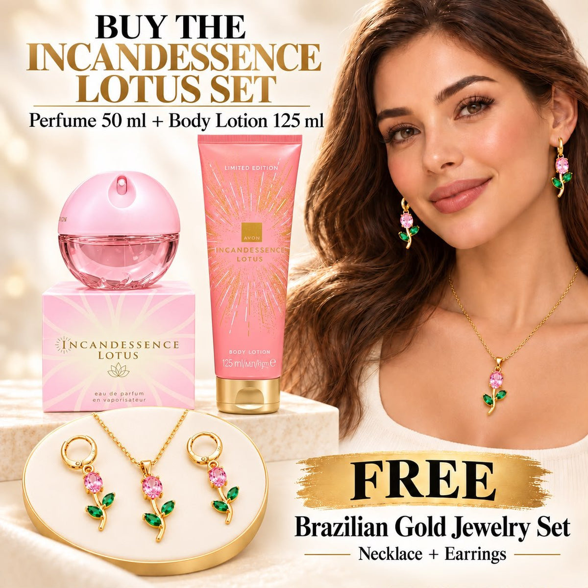 Incandessence Lotus Set (Perfume 50ml + Body Lotion 125ml) + FREE Brazilian Gold Jewelry Set - Timavie