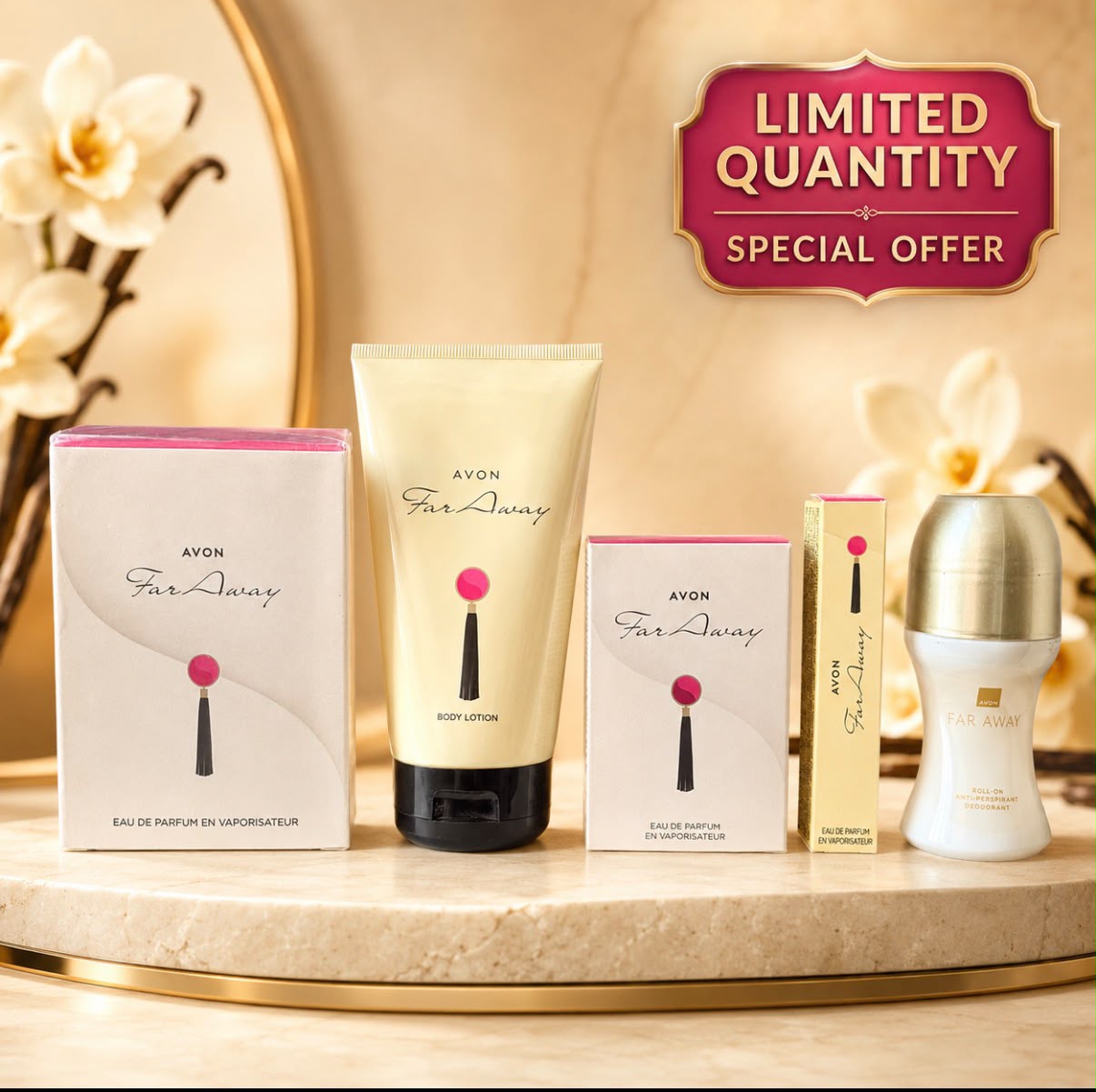Avon Far Away Eau de Parfum collection – EDP 50ml, 30ml, 10ml, Body Lotion 150ml and Roll-On