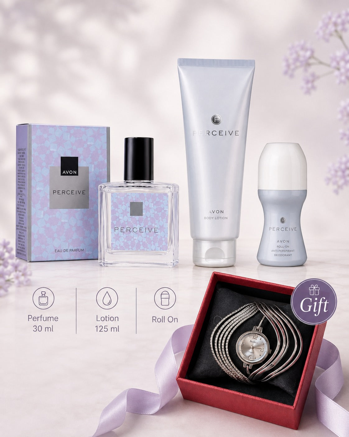 Avon Perceive Set – EDP 30ml + Body Lotion 125ml + Roll-On + Free Beiucci Swiss Watch