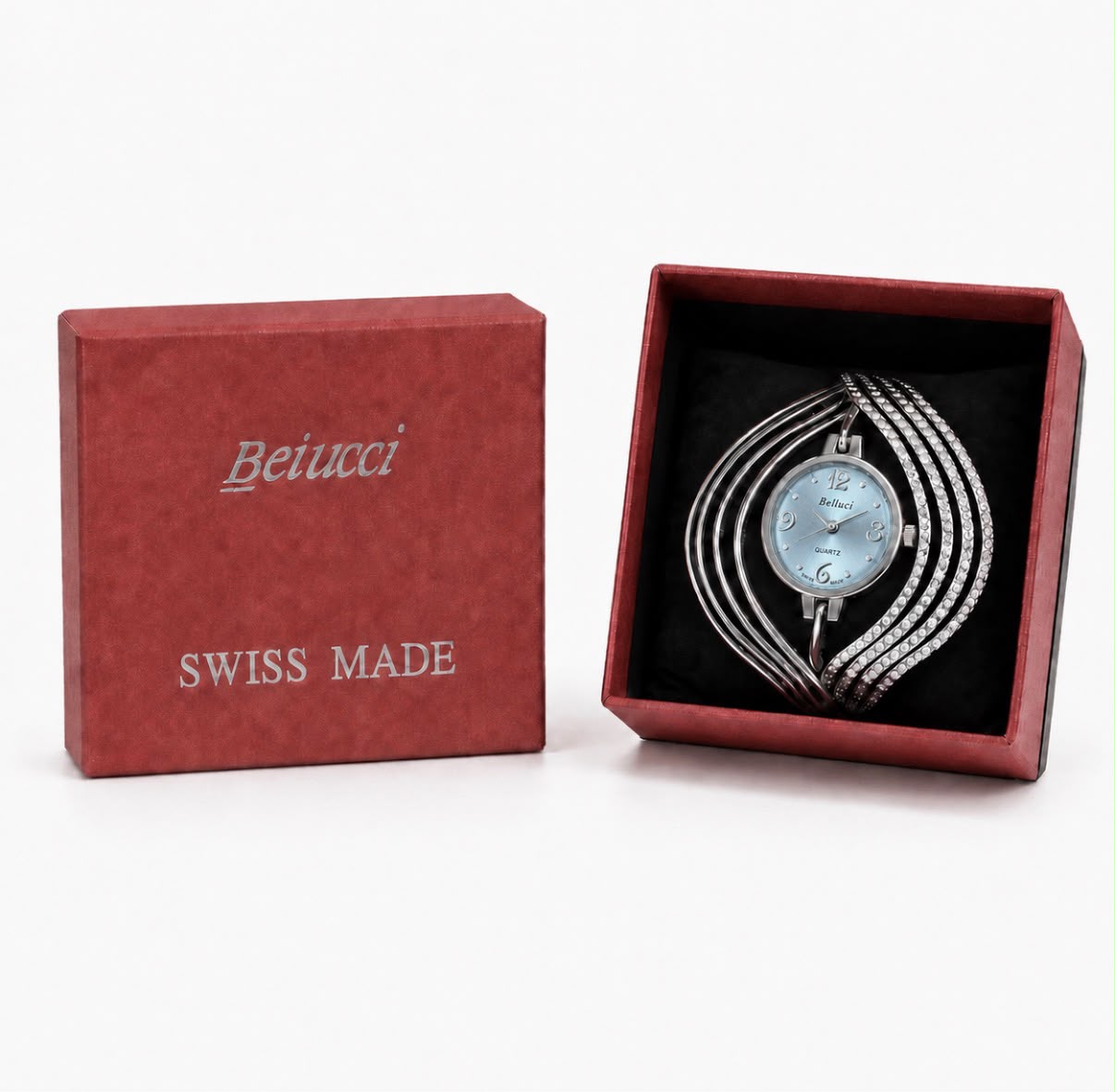 Beiucci Swiss Made Ladies Bangle Watch – Blue Dial, Silver Tone – Free Gift