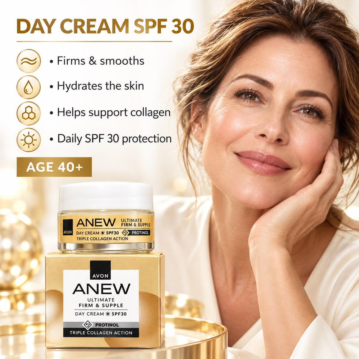 Avon Anew Ultimate Firm & Supple SPF 30 day cream 15 ml and illustrated benefits