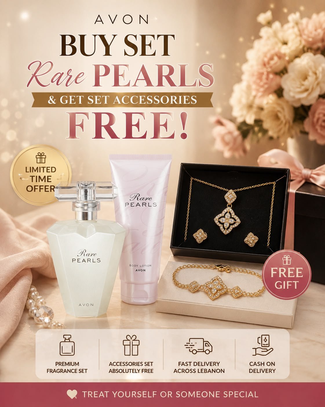 Avon Rare Pearls – Limited Offer | EDP + Body Lotion + Free Gold Jewelry Set - Timavie
