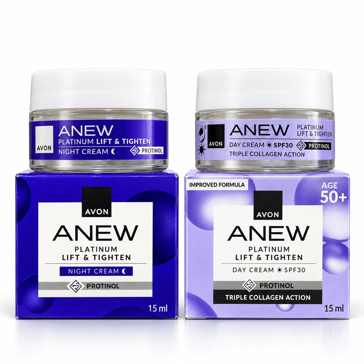 Avon Anew Platinum Lift & Tighten day cream SPF 30 and night cream, two 15 ml jars with boxes