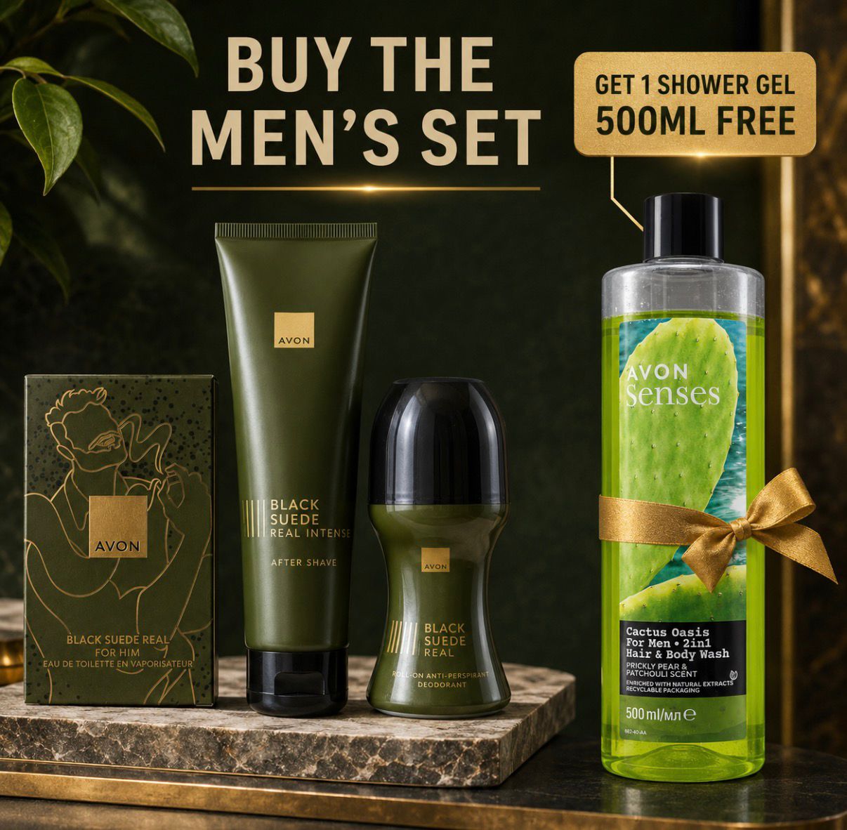 Avon Black Suede Real Men’s Set – EDT 30ml + After Shave + Roll-On + Free Avon Senses Cactus Oasis Shower Gel 500ml