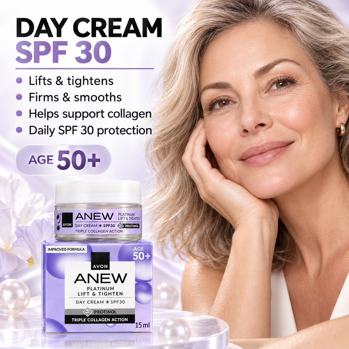Avon Anew Platinum Lift & Tighten SPF 30 day cream, age 50+, with illustrated benefits