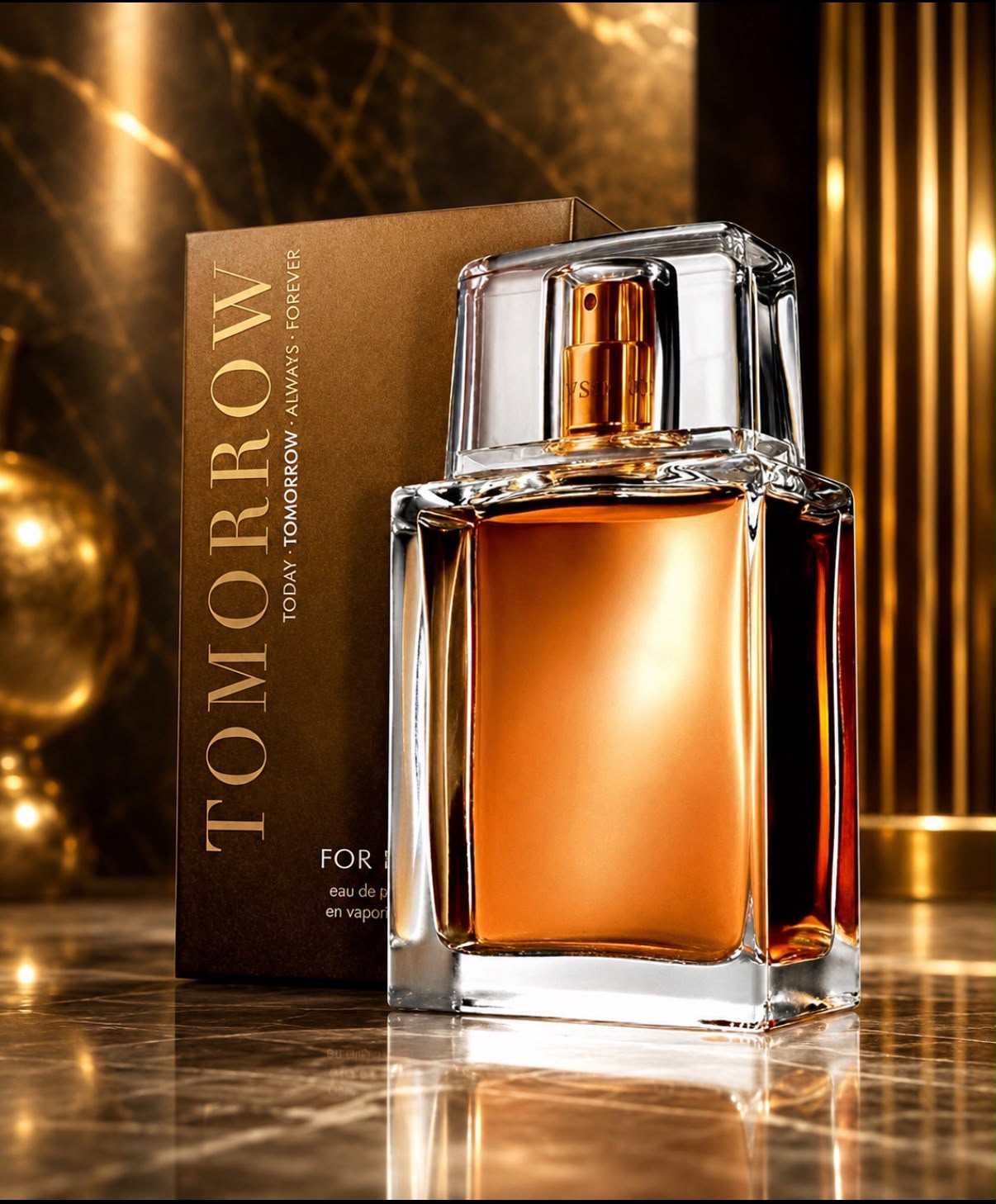 Avon Tomorrow For Him Eau de Parfum bottle and box – gold luxury fragrance