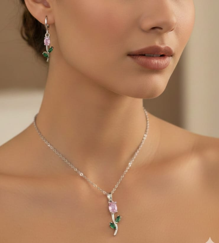 Rose Flower Necklace and Earrings Set - Timavie