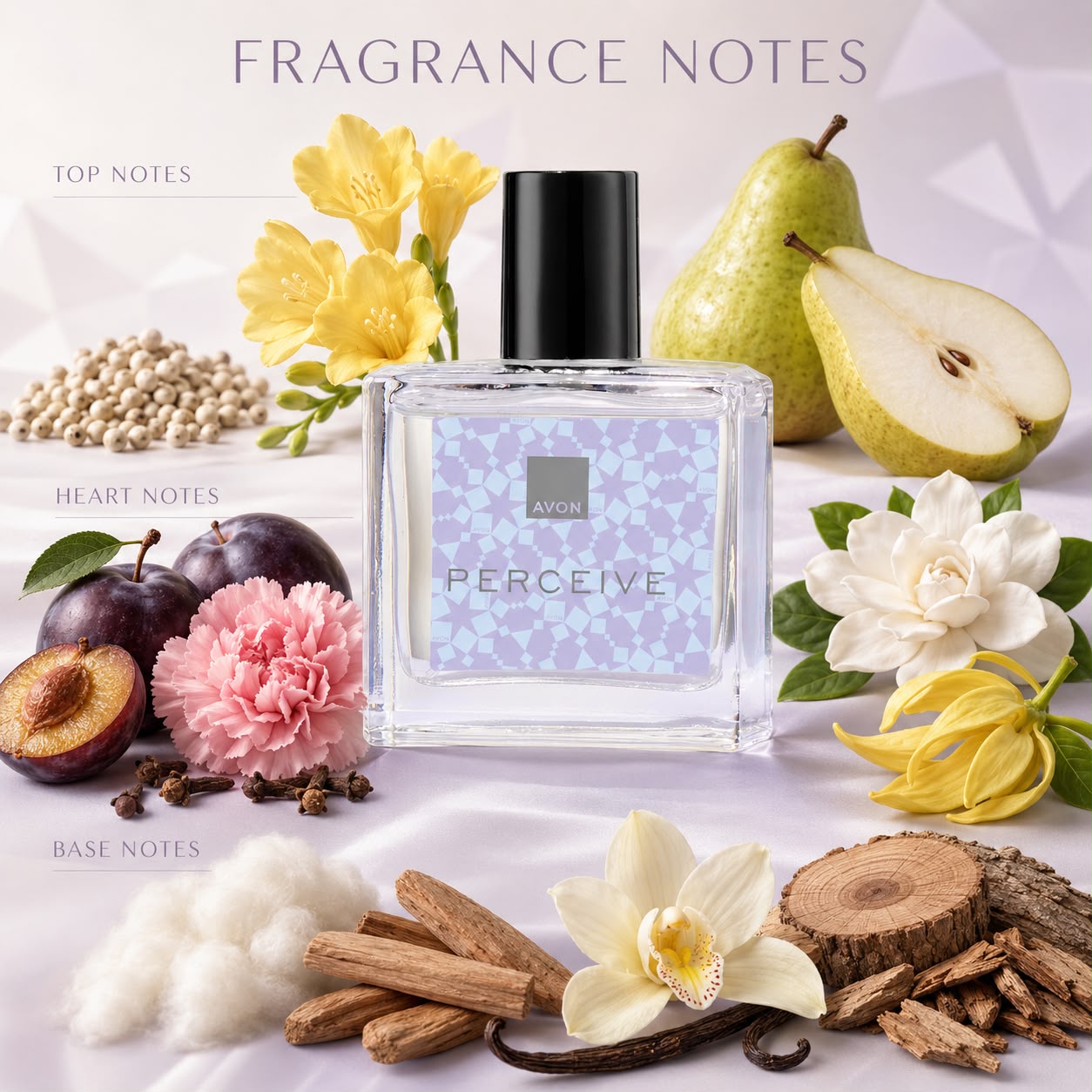 Avon Perceive Fragrance Notes – Top: Freesia, Pear, White Pepper | Heart: Plum, Carnation, Clove, Gardenia, Ylang-Ylang | Base: Vanilla, Cotton, Sandalwood, Cedarwood