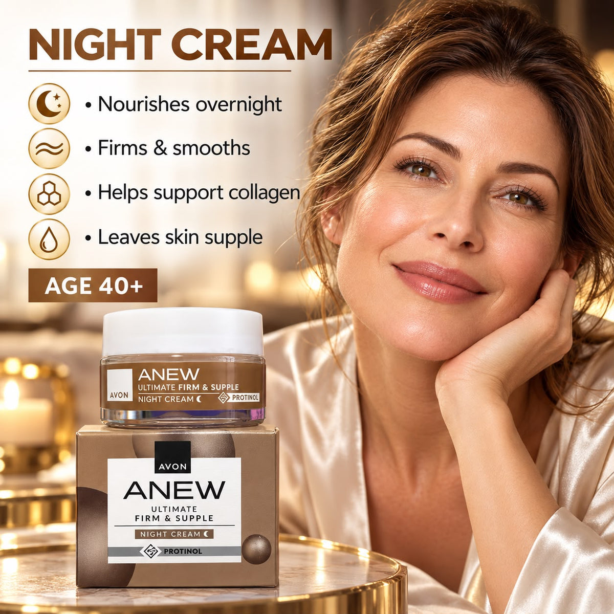 Avon Anew Ultimate Firm & Supple night cream 15 ml and illustrated benefits