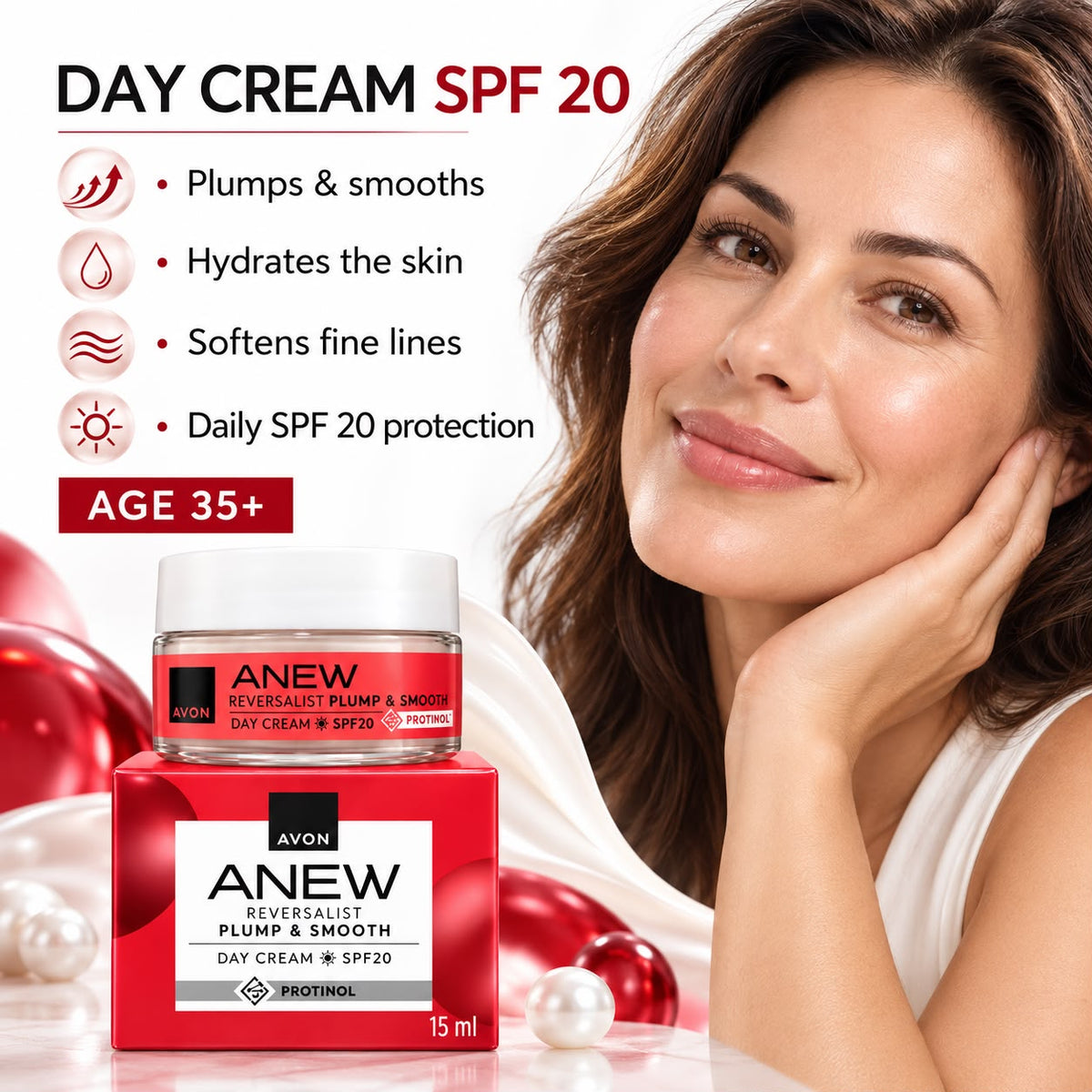 Avon Anew Reversalist Plump & Smooth day cream SPF 20 with illustrated hydration and smoothing benefits