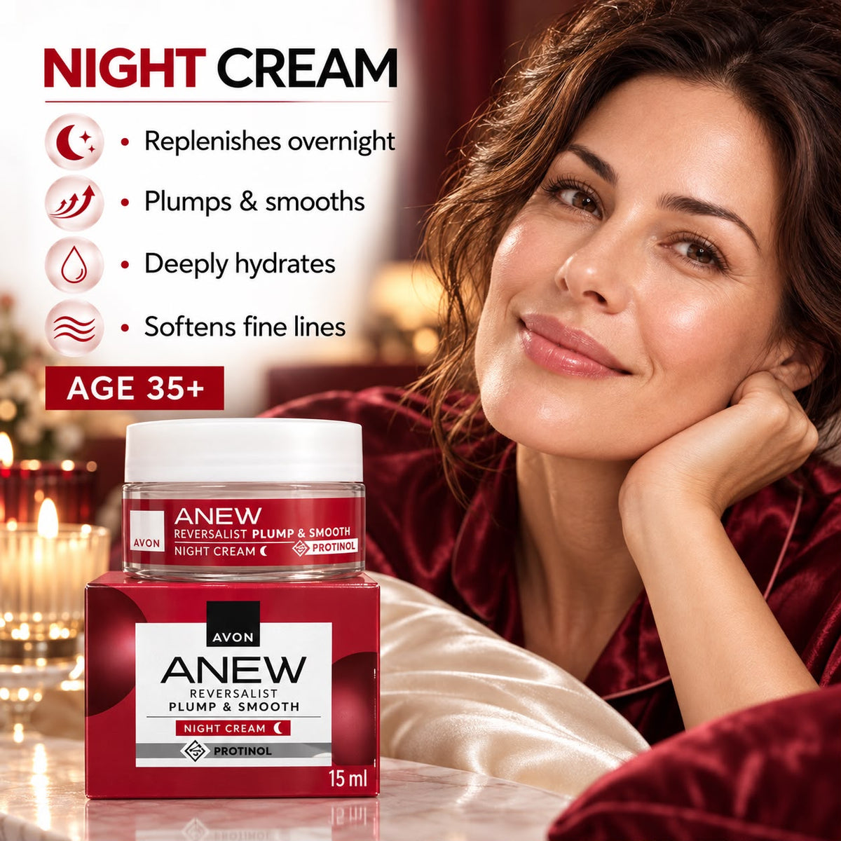 Avon Anew Reversalist Plump & Smooth night cream with illustrated overnight hydration benefits