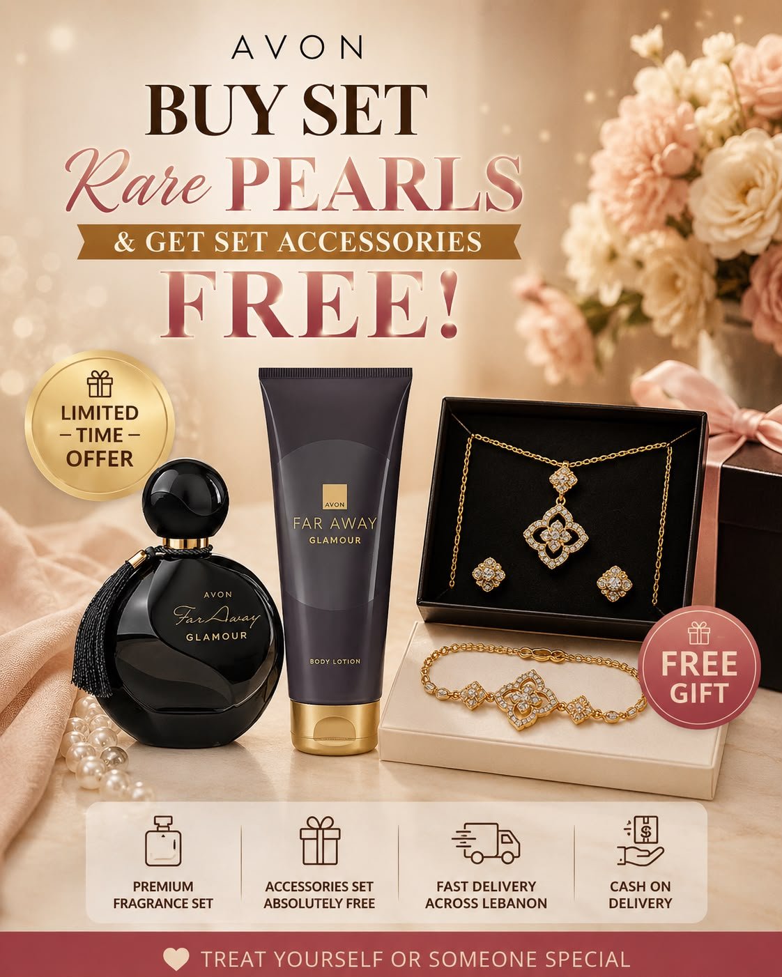 Avon Far Away Glamour – Limited Offer | EDP + Body Lotion + Free Gold Jewelry Set - Timavie