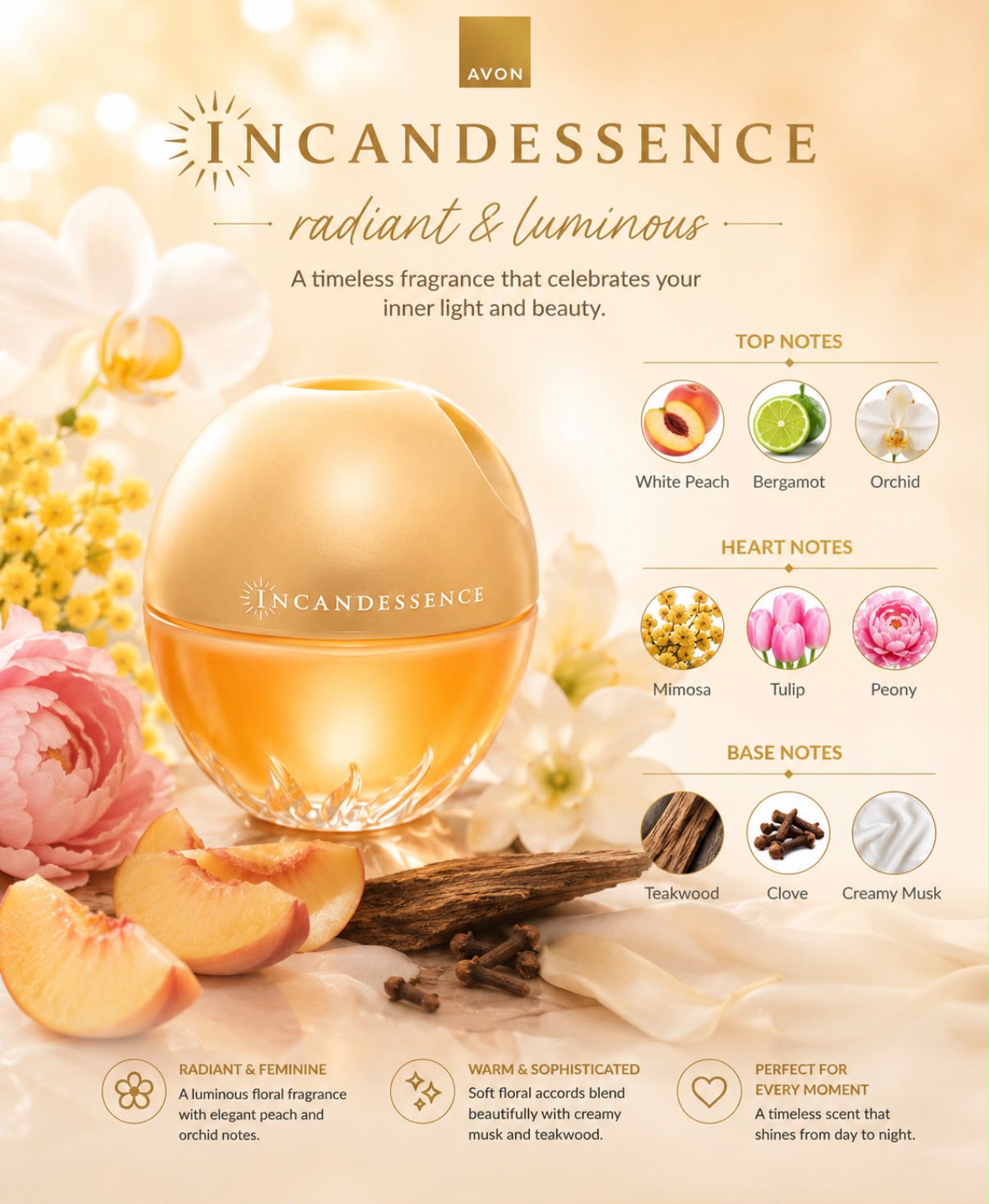 Avon Incandessence Fragrance Notes – Top: White Peach, Bergamot, Orchid | Heart: Mimosa, Tulip, Peony | Base: Teakwood, Clove, Creamy Musk