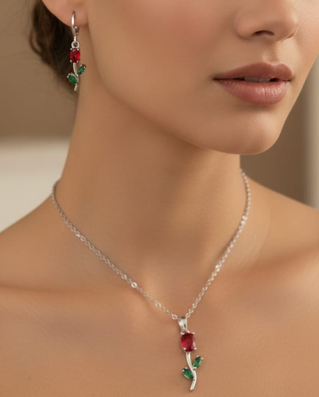 Rose Flower Necklace and Earrings Set - Timavie