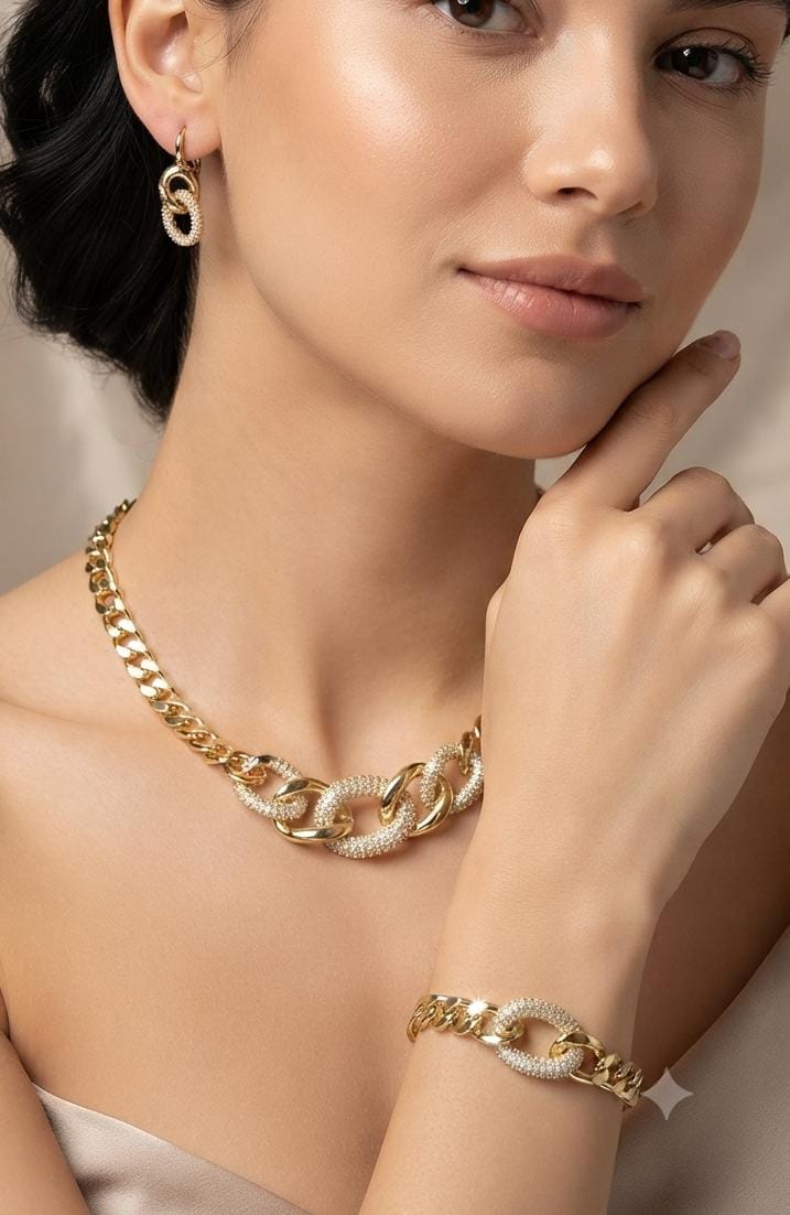 Brazilian Gold Crystal Pavé Cuban Link Jewelry Set – Necklace, Bracelet & Earrings