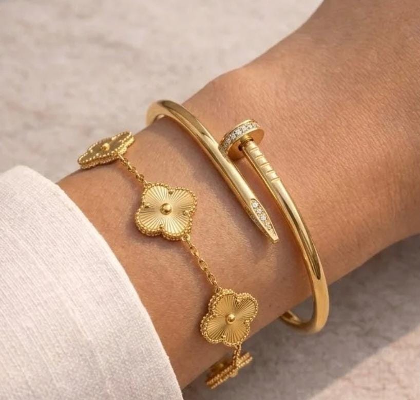 Brazilian Gold Clover Chain & Crystal Nail Bangle Bracelet Set – 2 Pieces