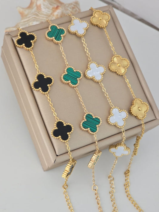 Brazilian Gold 5-Clover Chain Bracelet – Black, Malachite, White & Gold