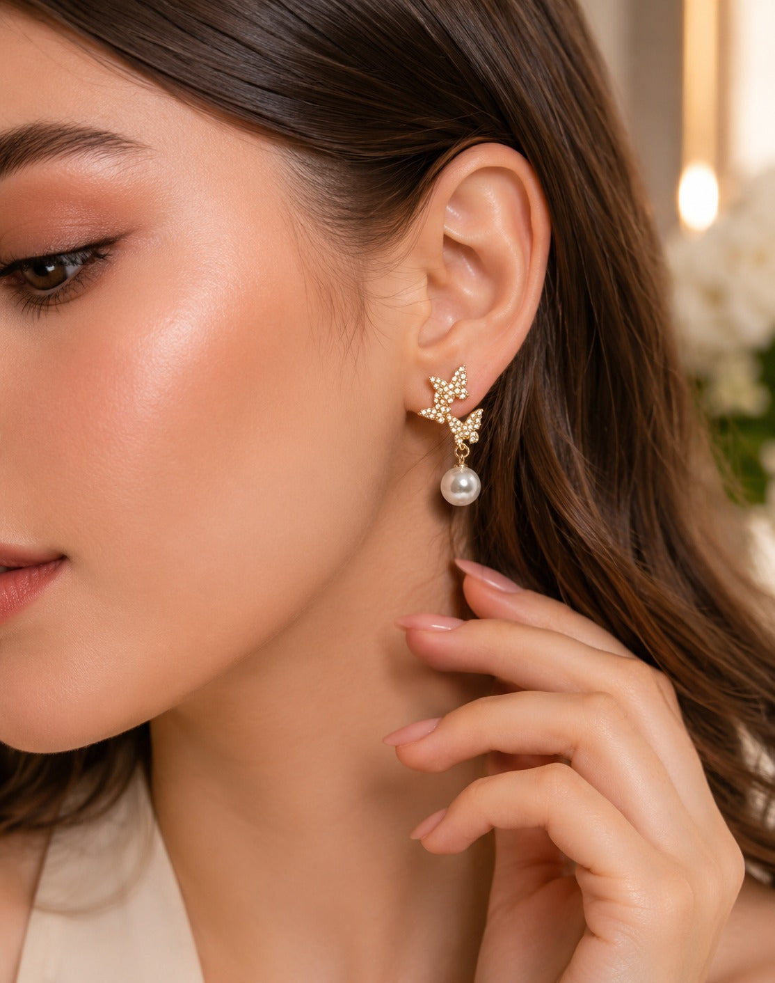 Gold Crystal Pavé Butterfly & Pearl Drop Earring – Dangle Stud