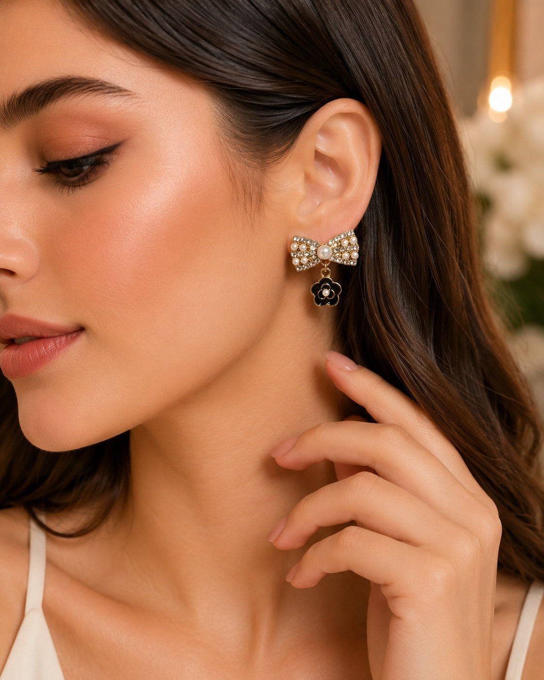 Gold Crystal Pavé Butterfly & Pearl Drop Earring – Dangle Stud