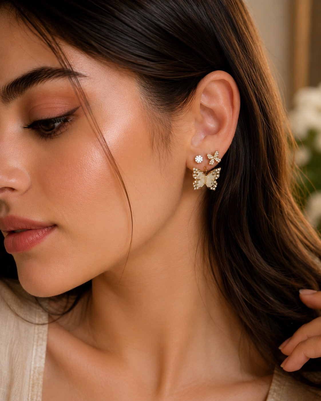 Gold Crystal Pavé Butterfly & Pearl Drop Earring – Dangle Stud