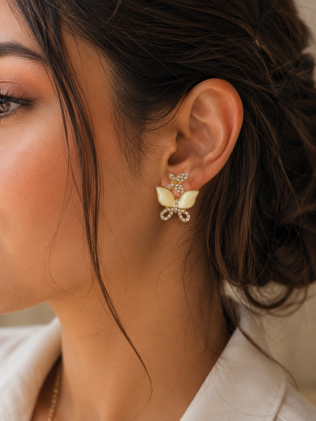 Gold Crystal Pavé Butterfly & Pearl Drop Earring – Dangle Stud