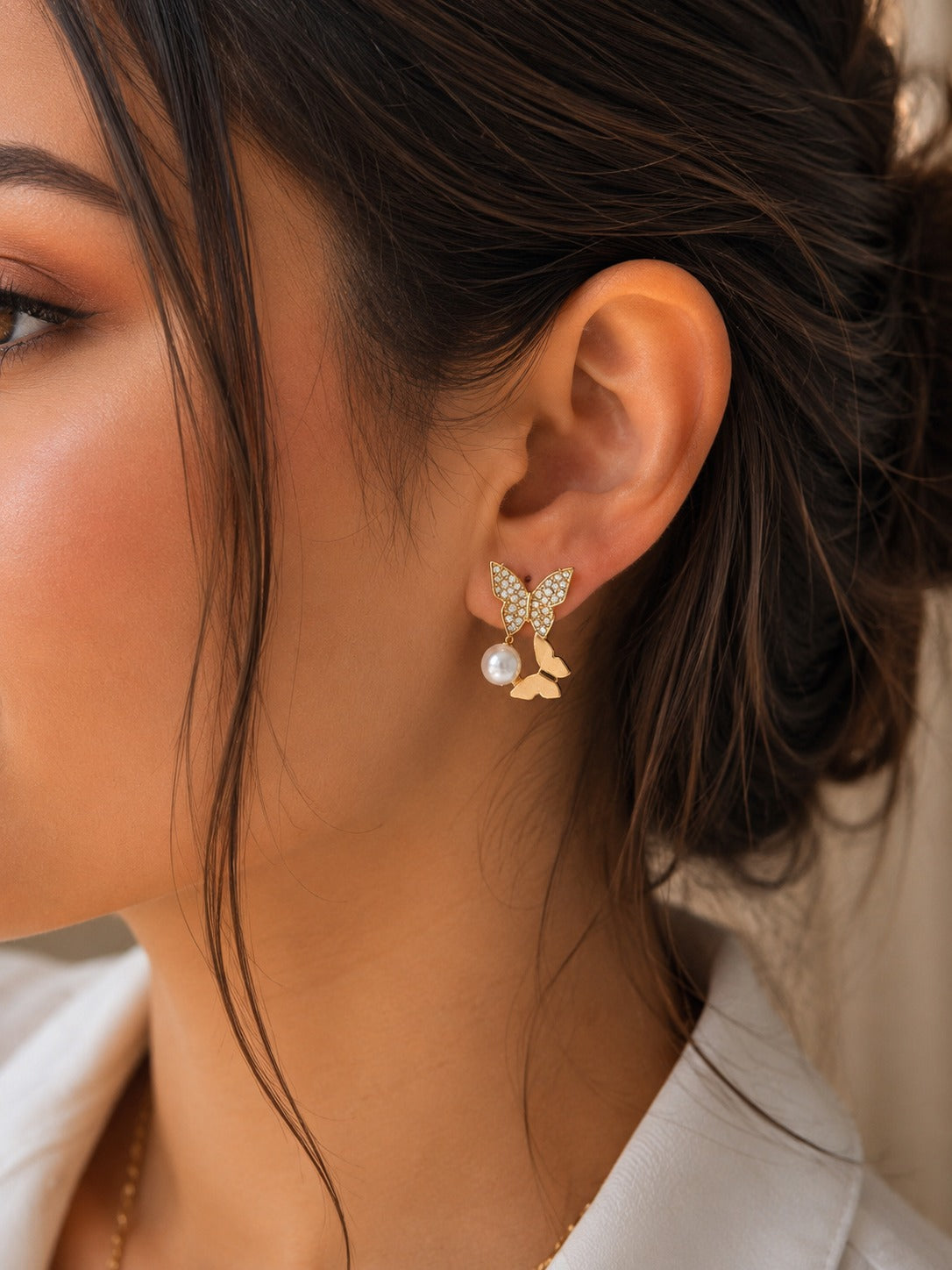 Gold Crystal Pavé Butterfly & Pearl Drop Earring – Dangle Stud