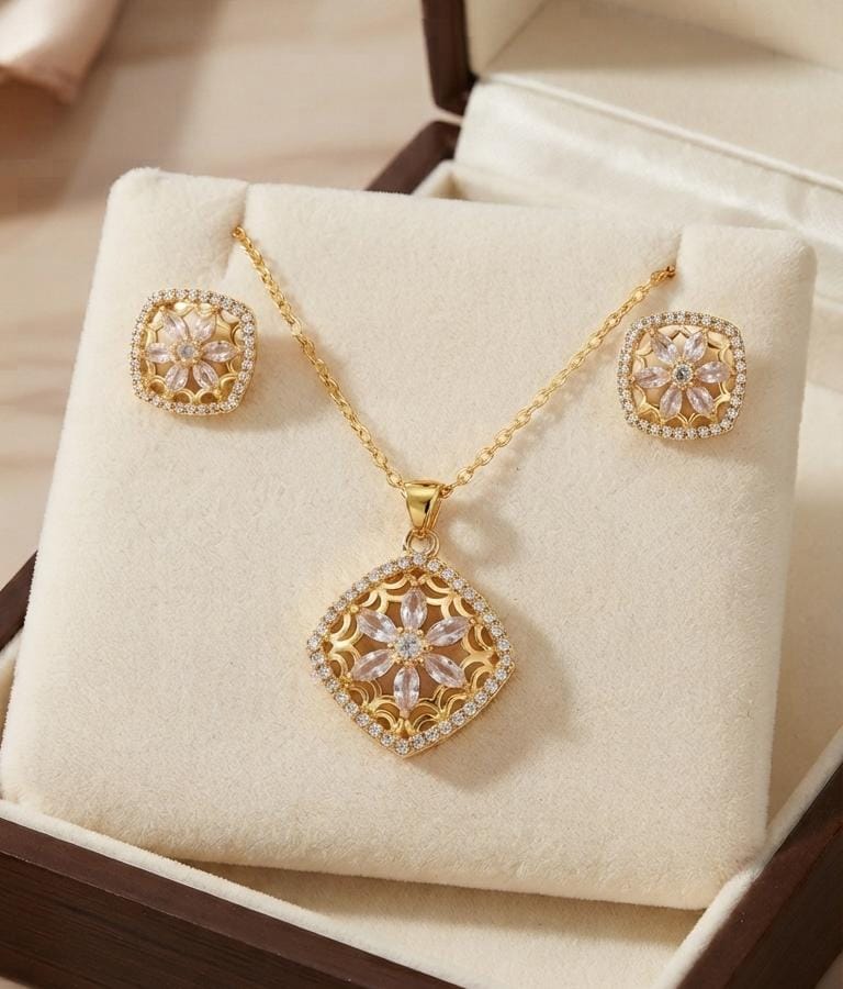 Brazilian Gold Crystal Filigree Square Flower Jewelry Set – Necklace & Earrings