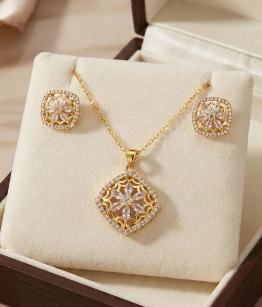 Brazilian Gold Crystal Filigree Square Flower Jewelry Set – Necklace & Earrings