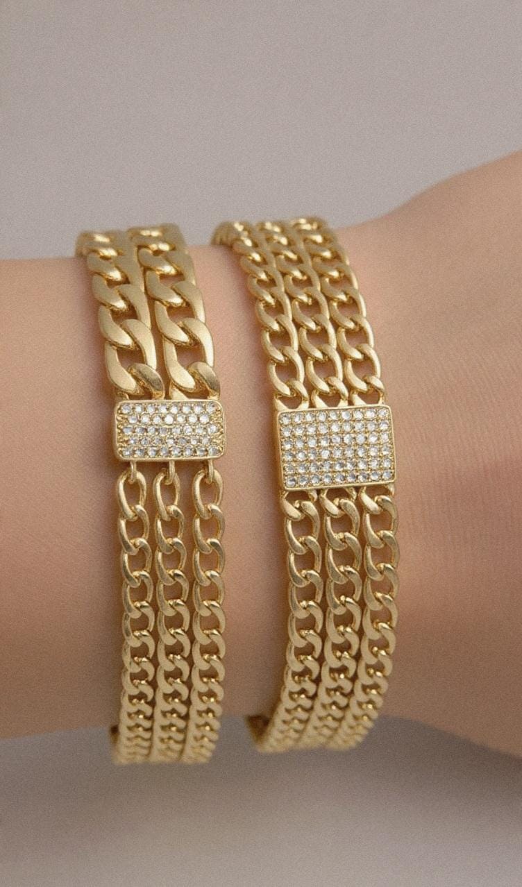 Brazilian Gold Double Cuban Link Bracelet – Crystal Pavé Magnetic Clasp