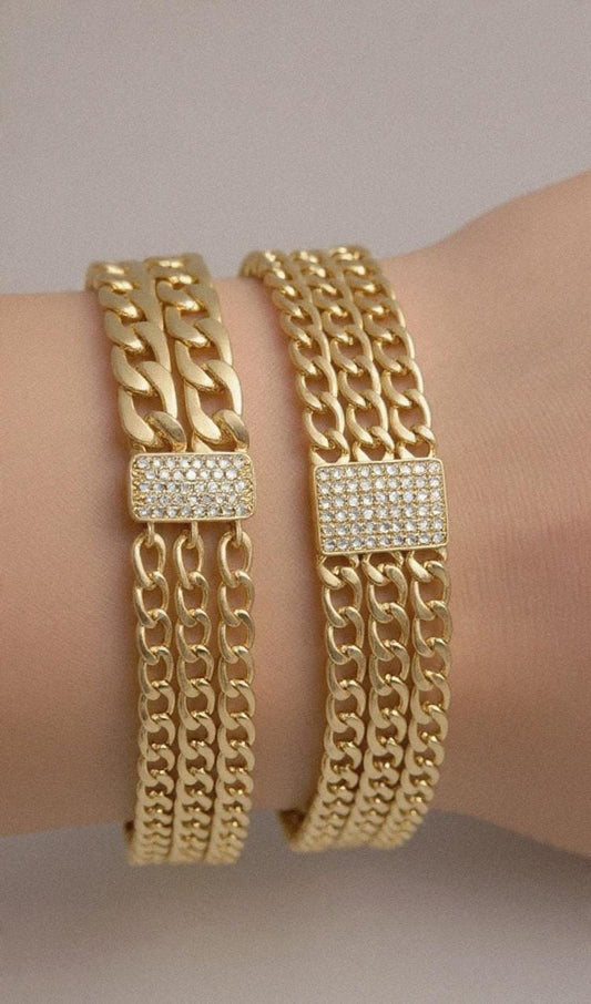 Brazilian Gold Double Cuban Link Bracelet – Crystal Pavé Magnetic Clasp