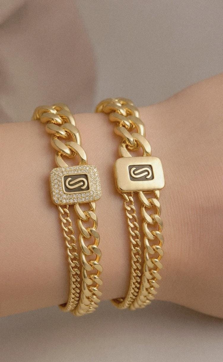 Brazilian Gold Double Cuban Link Bracelet – Crystal Pavé Magnetic Clasp