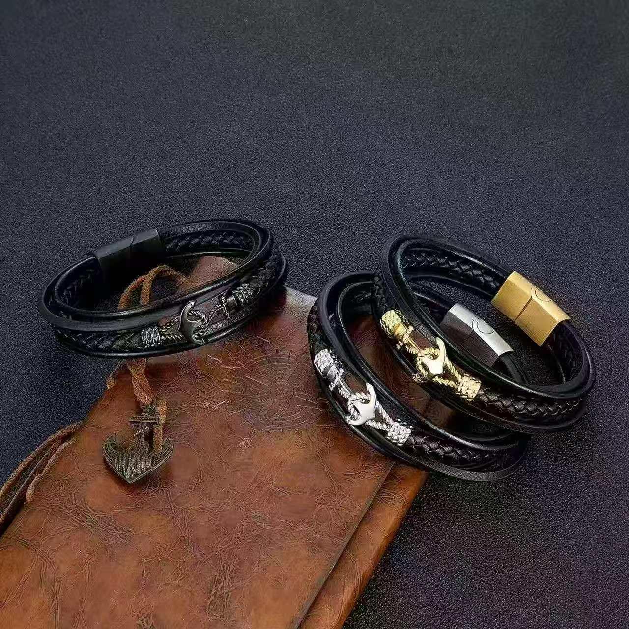 Braided Leather Anchor Bracelet Stack – Magnetic Clasp | Black & Gold