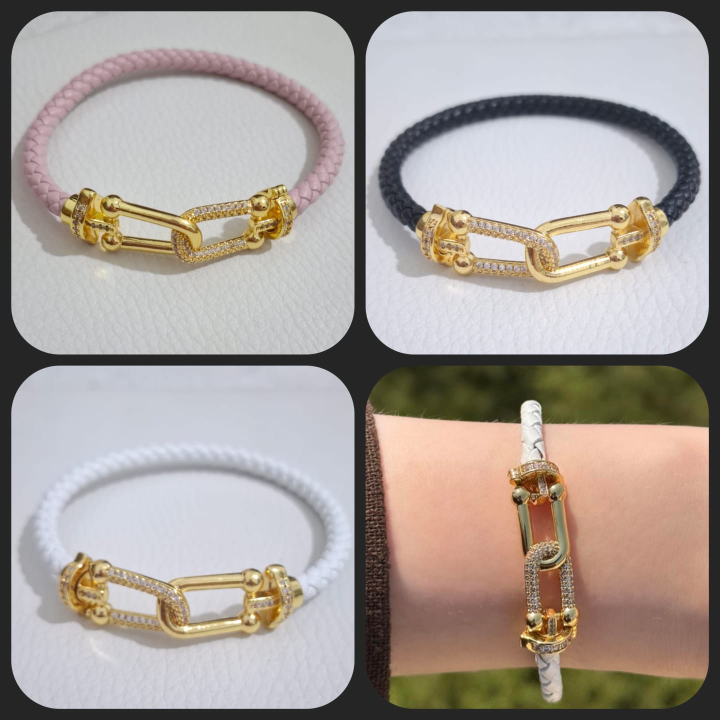 Braided Leather Anchor Bracelet Stack – Magnetic Clasp | Black & Gold