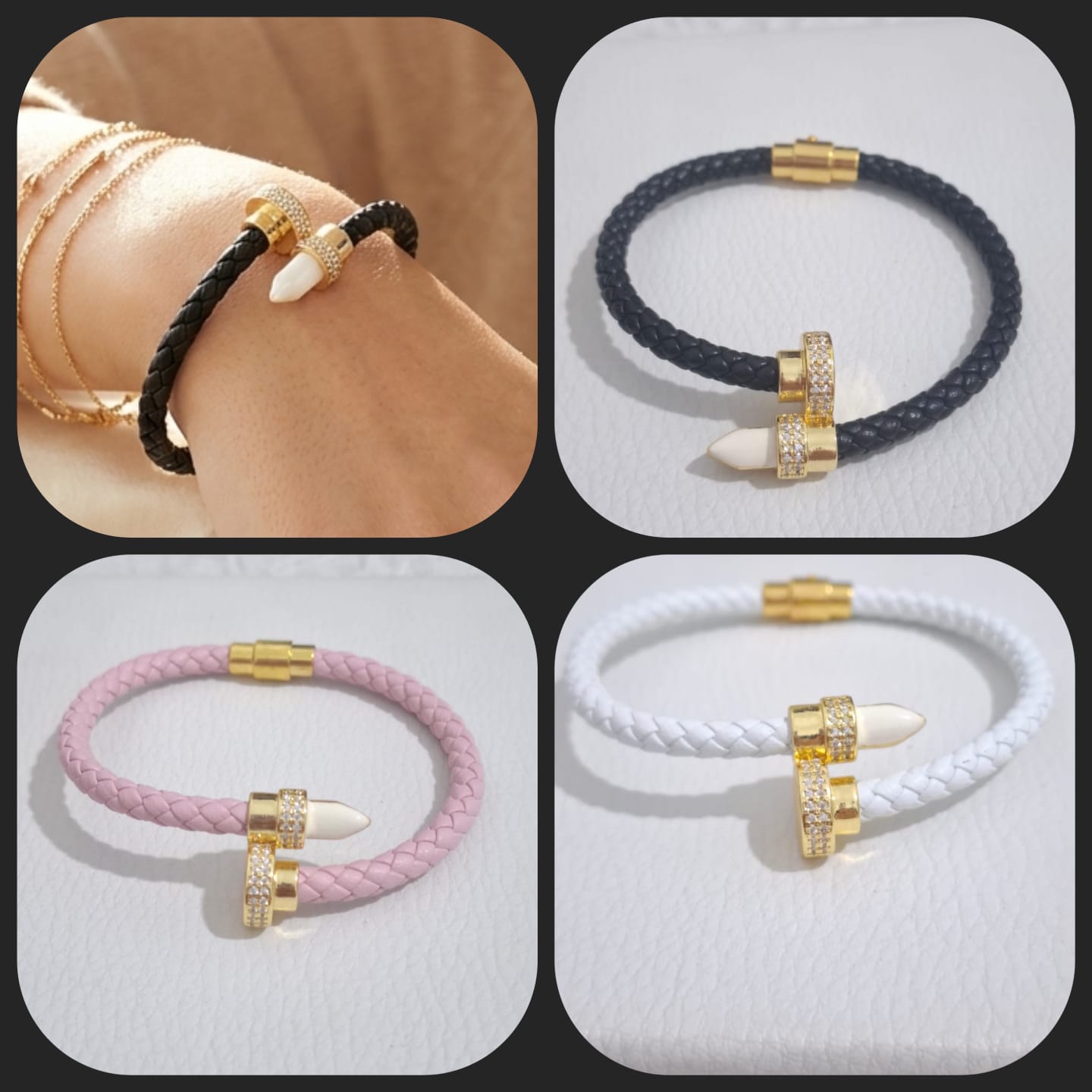 Braided Leather Anchor Bracelet Stack – Magnetic Clasp | Black & Gold