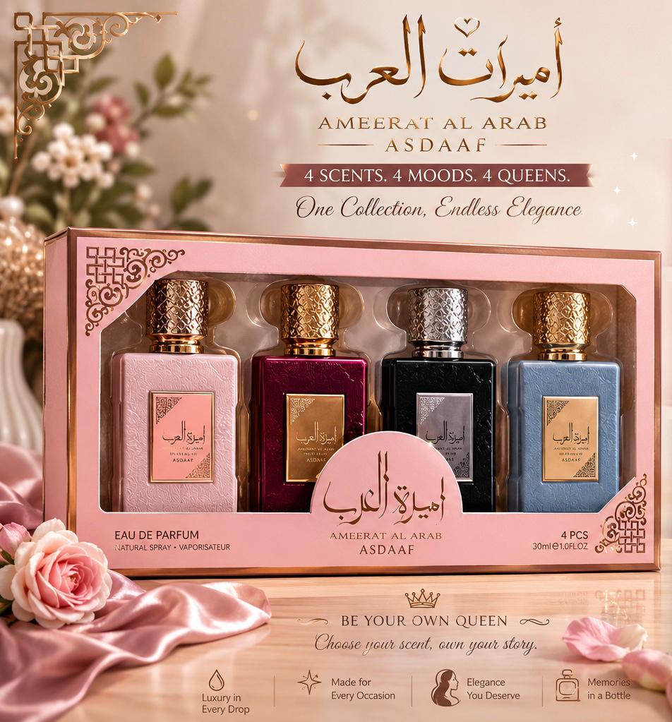Asdaaf Ameerat Al Arab Gift Set – 4 EDP Miniatures 30ml – Intense, Royale, Powdery, Fresh