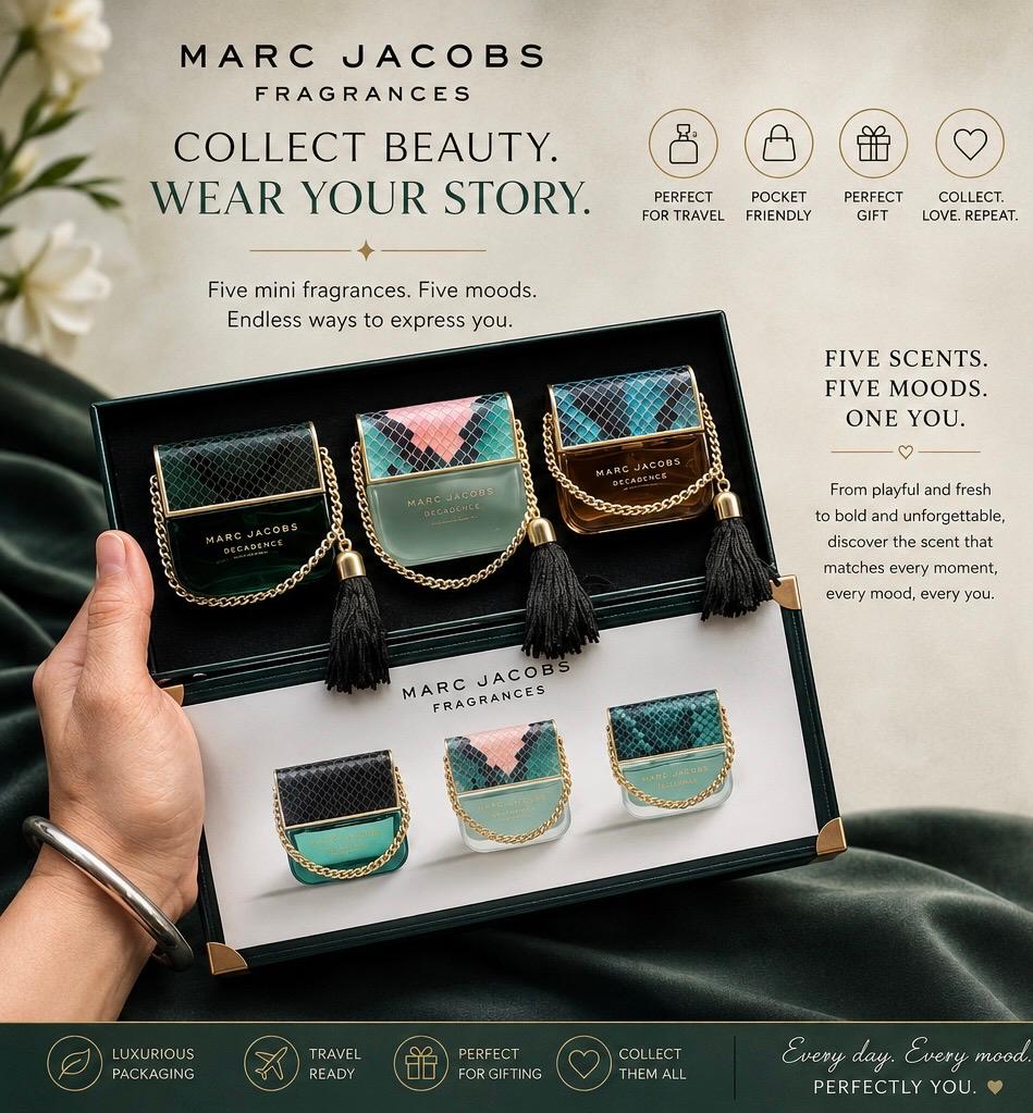 Marc Jacobs Decadence Mini Fragrance Gift Set – 5 piece luxury collection with gold chain bottles