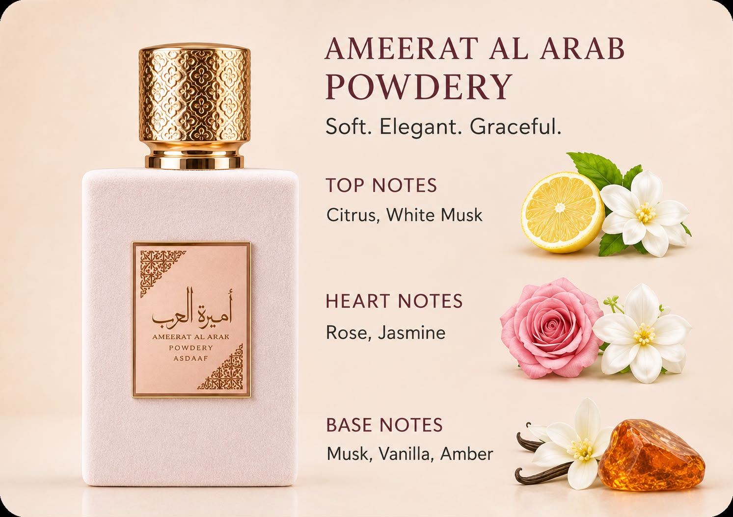 Asdaaf Ameerat Al Arab Powdery EDP – Soft, Elegant, Graceful – Top Notes: Citrus, White Musk