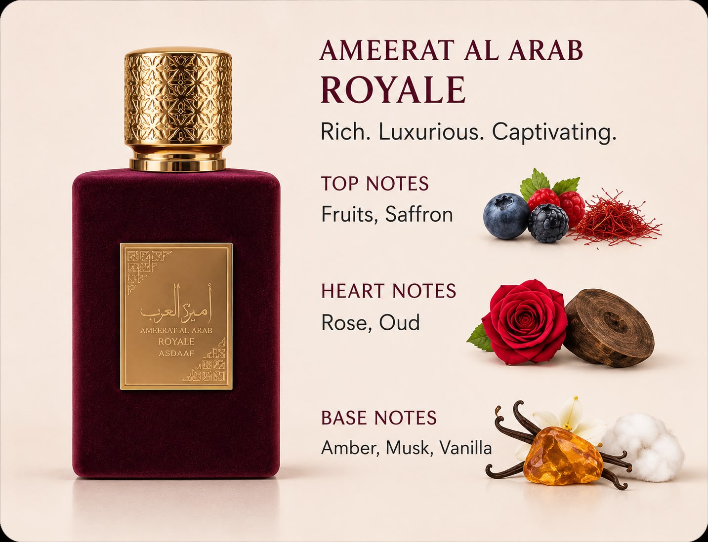 Asdaaf Ameerat Al Arab Royale EDP – Rich, Luxurious, Captivating – Top Notes: Fruits, Saffron