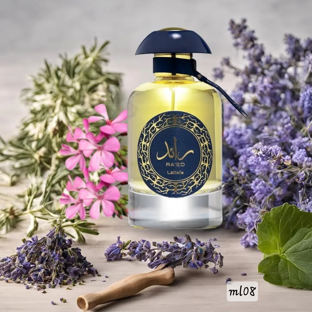 Lattafa Ra'ed Luxe EDP 100ml bottle with lavender flowers