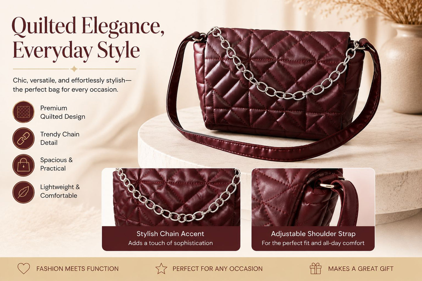 Burgundy Quilted Crossbody Bag with Silver Chain - Free Gift with Purchase